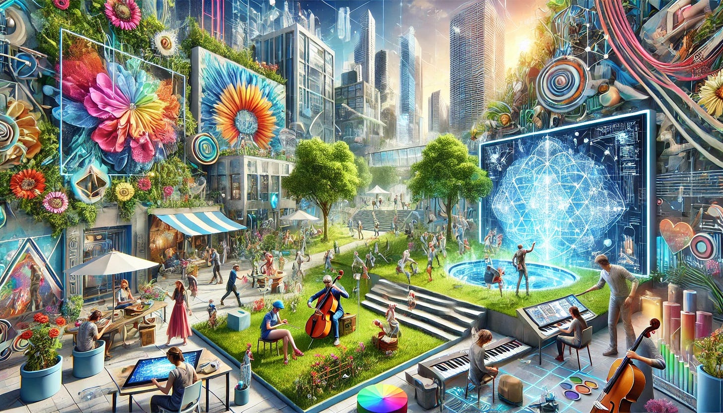 A vibrant future cityscape bustling with creative people and AI adorned with colorful flowers.