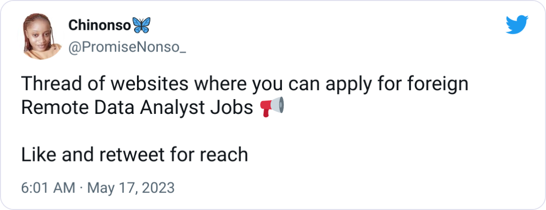 Chinonso🦋 @PromiseNonso_ Thread of websites where you can apply for foreign Remote Data Analyst Jobs 📢 Like and retweet for reach Chinonso🦋 @PromiseNonso_ Thread of websites where you can apply for foreign Remote Data Analyst Jobs 📢 Like and retweet for reach