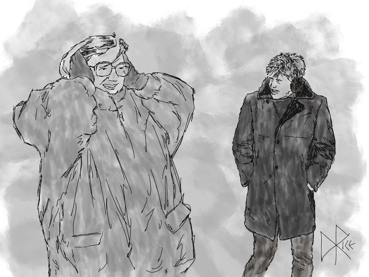 Two people out in the depths of winter, not quite dressed appropriately. Sketch art by Don Rice.