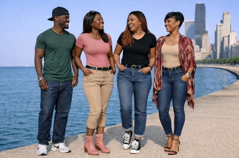 Three women and one man laugh and talk while walking near Chicago's lakefront.
