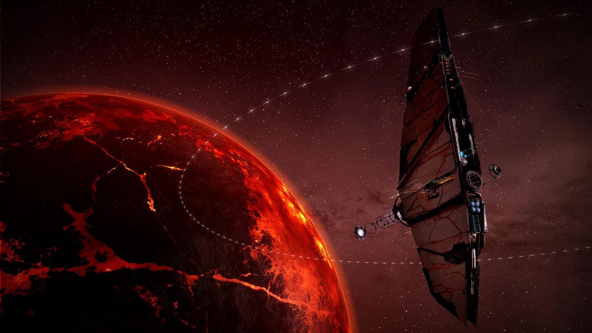 A spaceship above a red planet in the Eve Online game.