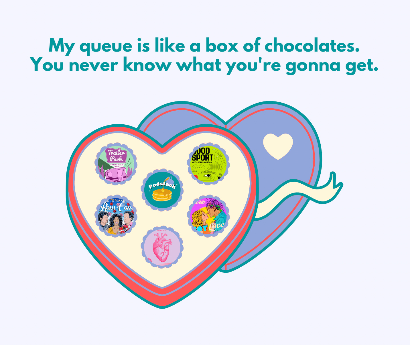 My queue is like a box of chocolates. You never know what you're gonna get. A box of chocolates with pictures of podcast cover art inside.