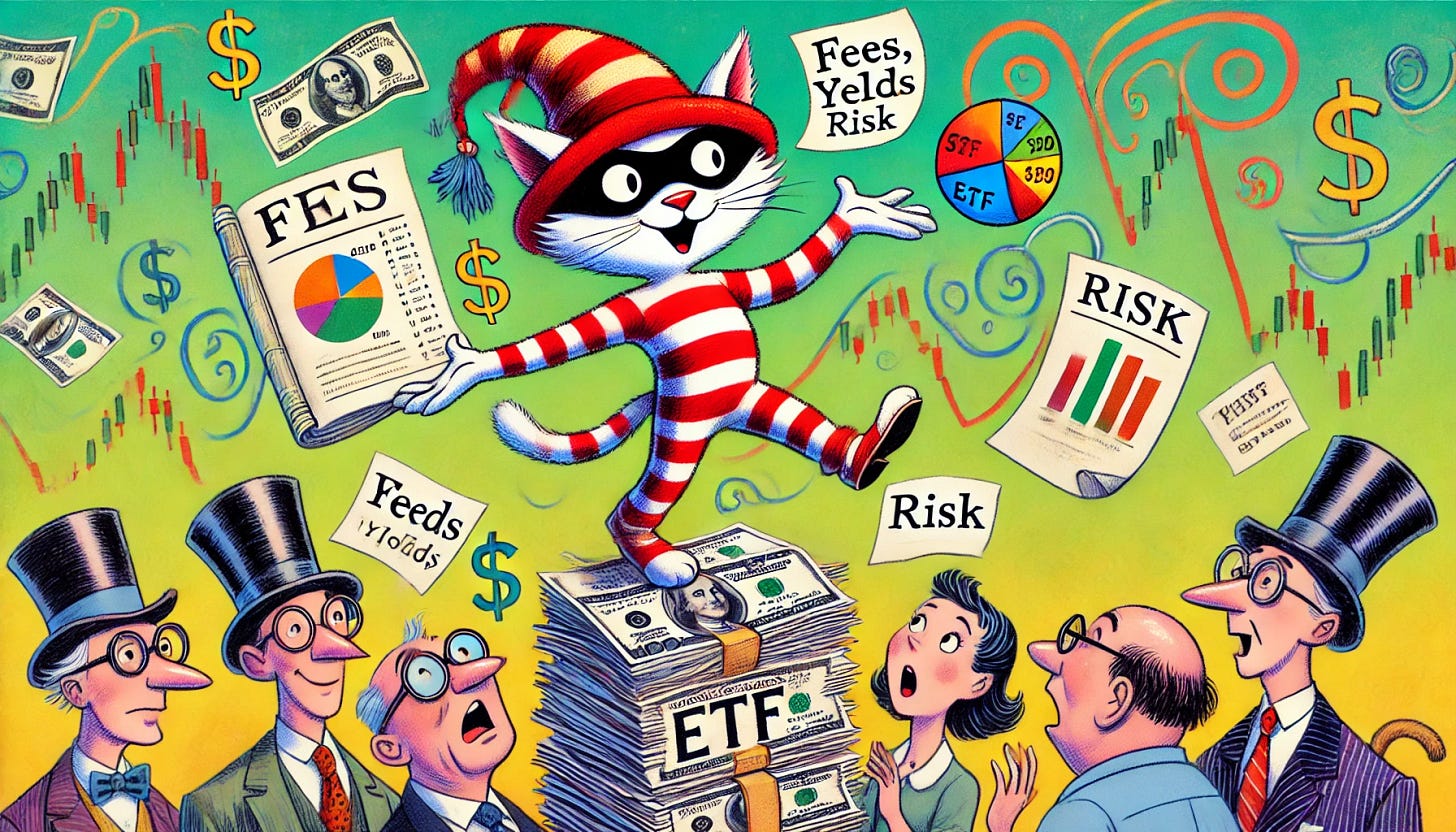 A whimsical, playful illustration inspired by classic children's book styles, featuring a mischievous, cat-like character in a red-striped hat juggling financial symbols like dollar signs, stock market graphs, and ETF labels. The character stands atop a pile of documents labeled 'fees,' 'yields,' and 'risk,' while a group of confused investors watches. The background is colorful and exaggerated, with swirling lines and a lighthearted, cartoonish feel.