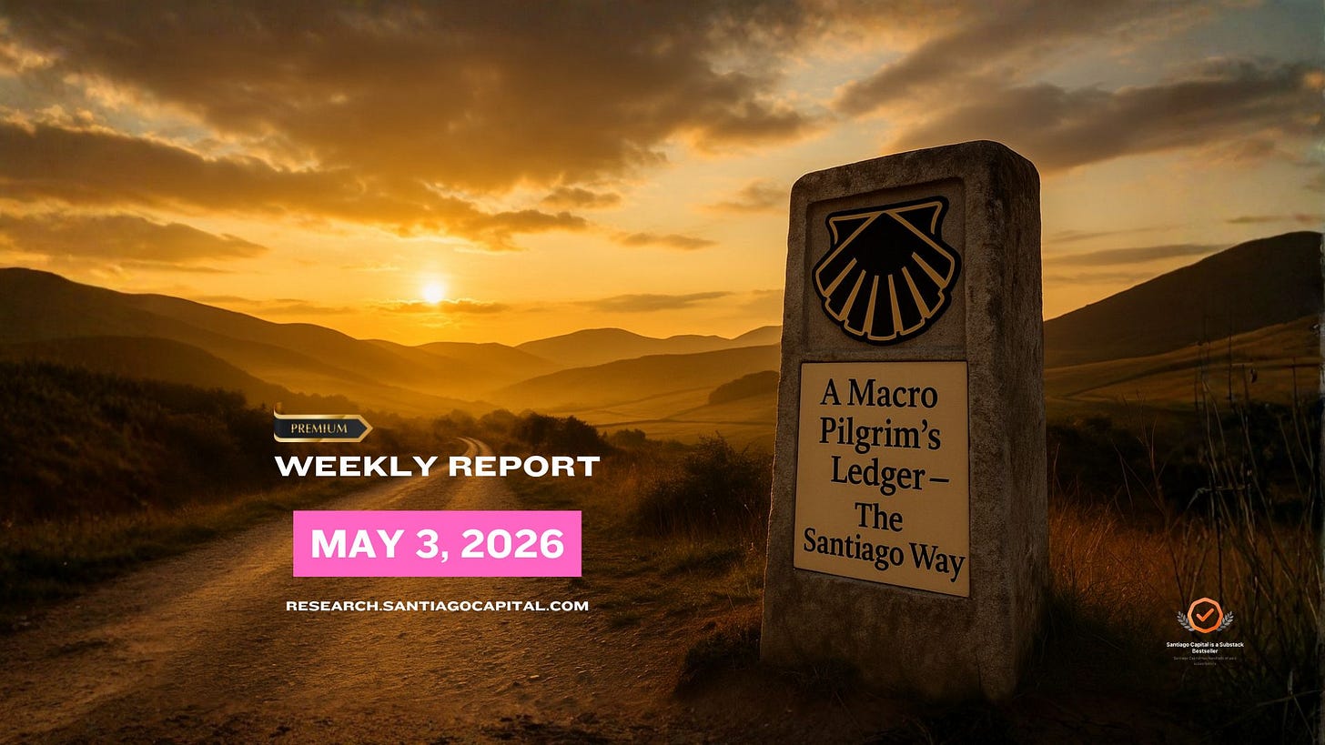 Stone pillar marking Santiago Way pilgrim route at sunset with weekly report overlay