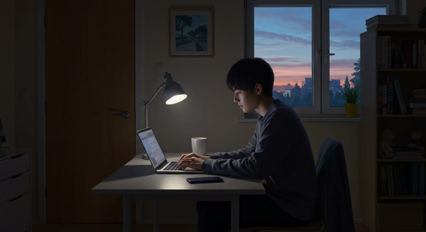 Focused man types on a laptop, ignoring his phone in a serene, tidy room. Focused man types on a laptop, ignoring his phone in a serene, tidy room.
