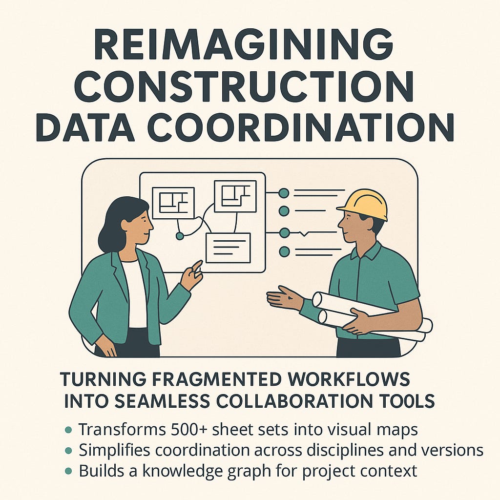 Image showing two construction professionals reviewing a digital dashboard with interconnected drawings, data layers, and version timelines.