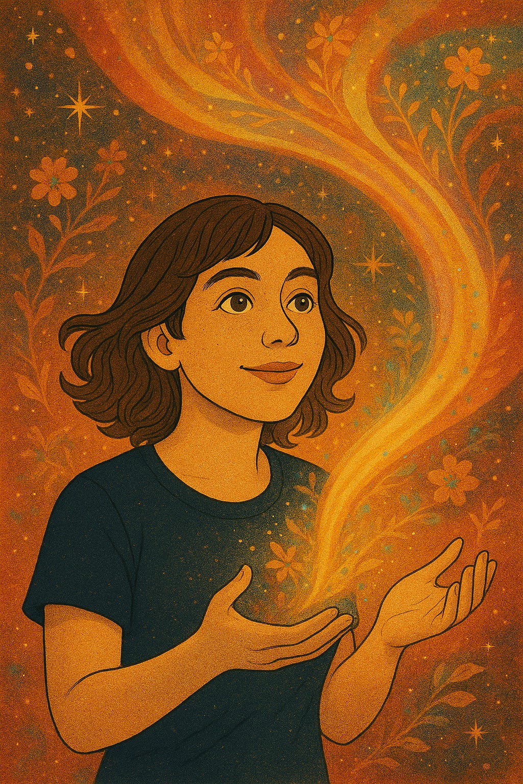A textured, painterly digital illustration of a woman with short brown hair, wearing a dark t-shirt, gazing upward with a serene expression as golden, floral-patterned streams of light swirl upward from her hands against a starry background.