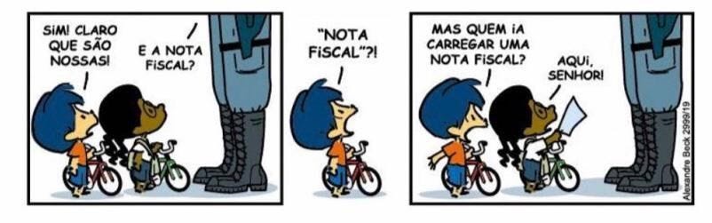 Tirinha de Armandinho em que policial pede nota fiscal de bicicleta a duas crianças, uma delas negra. Tirinha de Armandinho em que policial pede nota fiscal de bicicleta a duas crianças, uma delas negra.