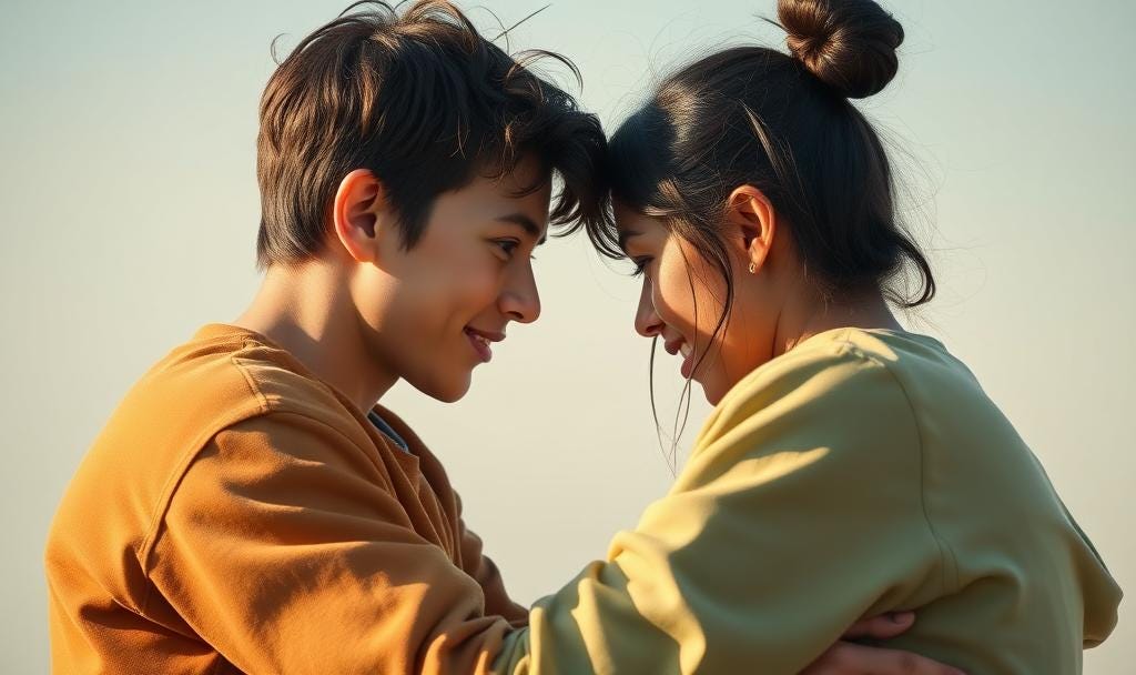 Two young people smiling and leaning their foreheads together, symbolizing connection, trust, and emotional closeness — a visual representation of the six pillars of belonging and the human need to feel seen and accepted.