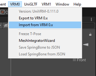 Unity topbar, importing VRM 0.x from external file.