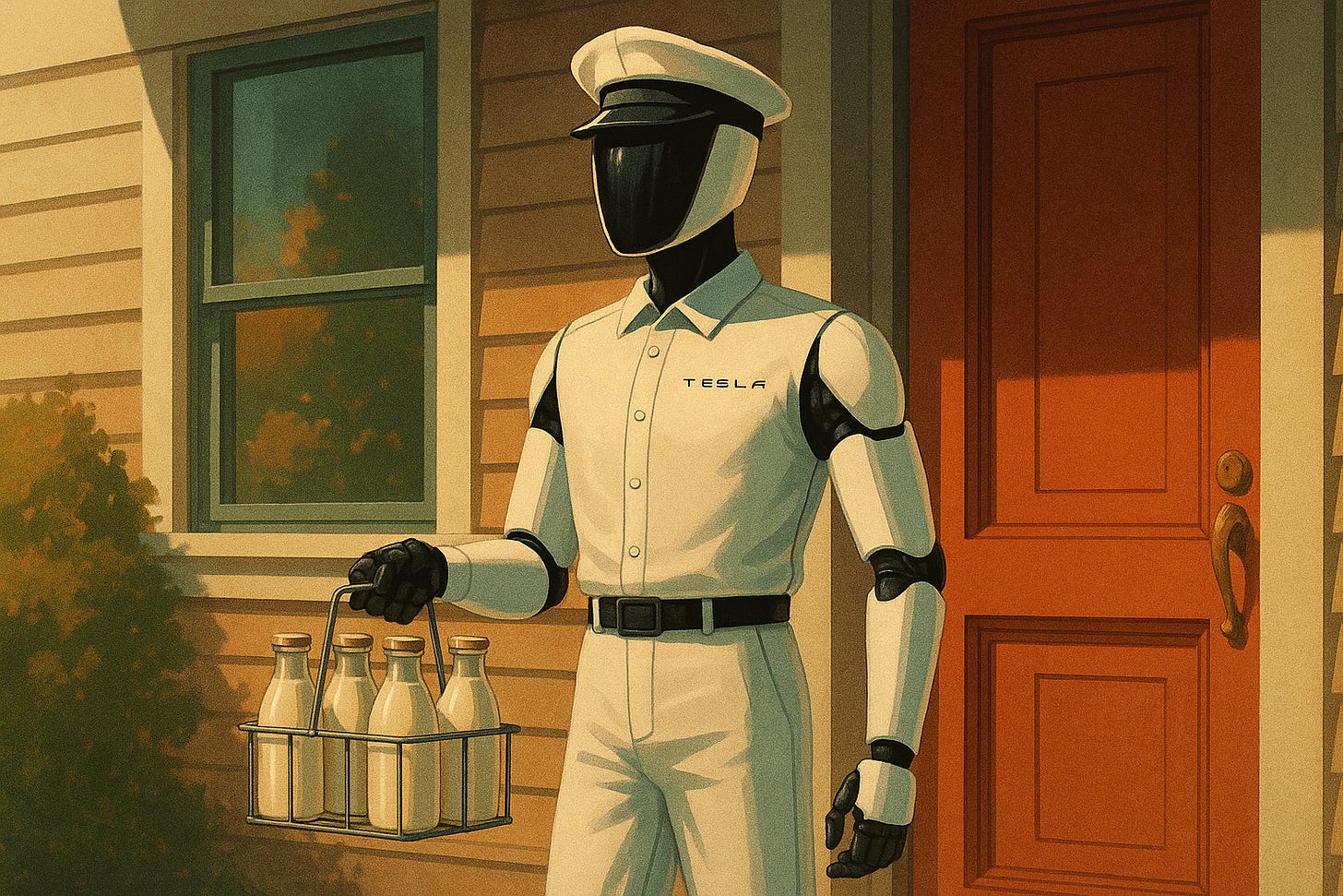 tesla robot milkman in a uniform