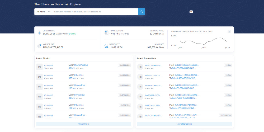 Etherscan showing recent ETH transactions and public keys