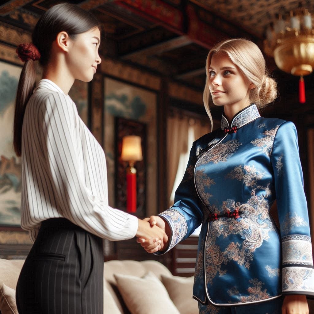 A blonde Caucasian woman in a traditional Chinese outfit with blue and white designs, shaking hands with a young Chinese woman in a classic business pant suite, both observing Chinese interior with interest and curiosity.