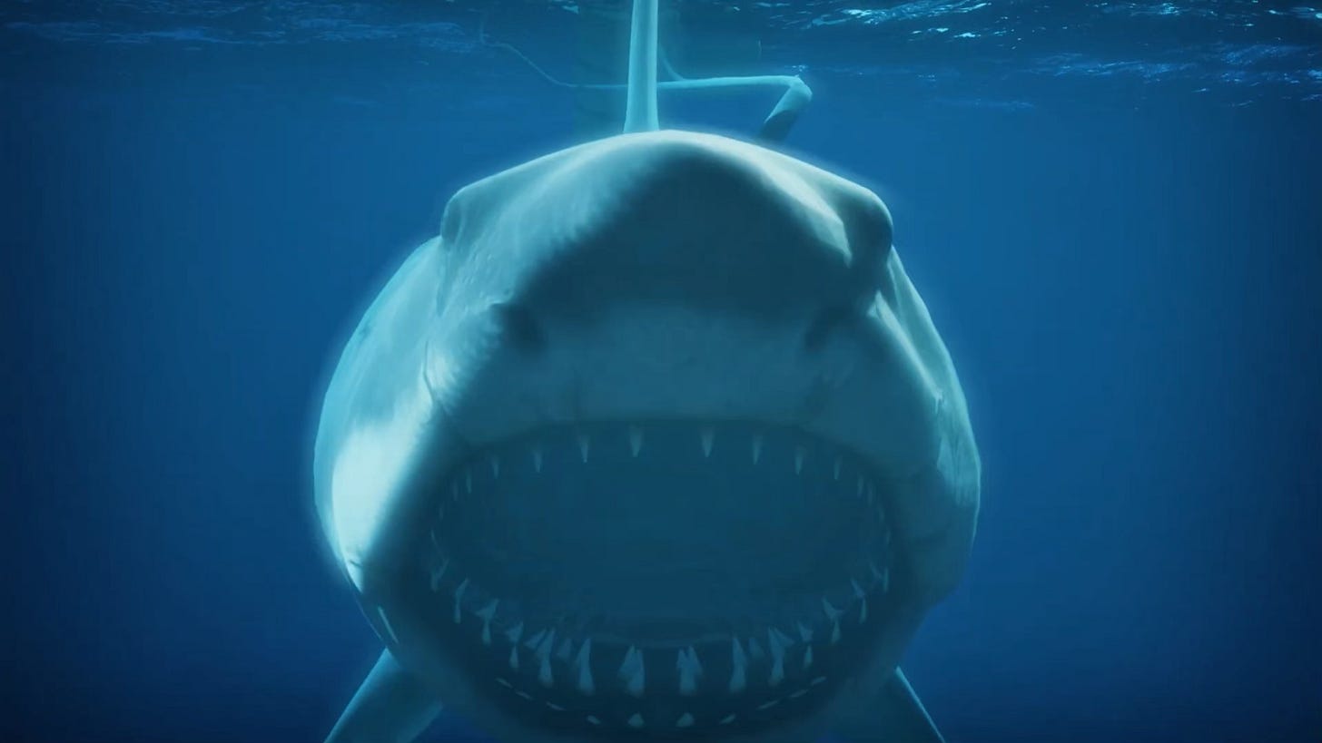 Jaws swims toward the viewer with its mouth open