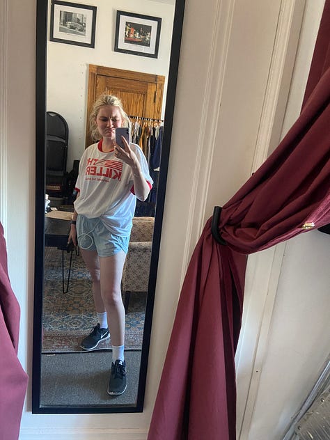 three mirror selfies of a girl: one at work in workout clothes, one in a public bathroom in a romper and playful pose, one at home in a sundress