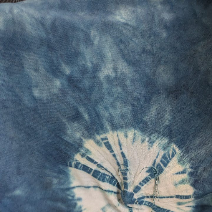 a cross body bag on display, a detail from an indigo dyed fabric