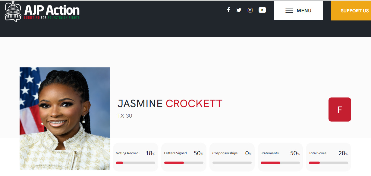 Jasmine Crockett receives an F for her voting record on Palestine by AJP Action. 