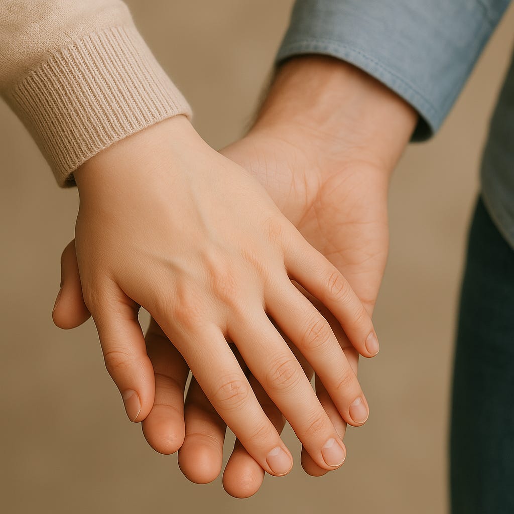 A close-up image of two Caucasian people holding hands. The focus is entirely on their hands, which are gently clasped together. One person wears a soft beige sweater with a ribbed cuff, and the other wears a light blue shirt. Their skin tones are fair, with natural creases and subtle veins visible. The background is softly blurred in warm neutral tones, creating a peaceful and intimate atmosphere. The lighting is gentle and diffused, highlighting the texture of the skin and fabric.