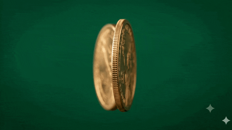 A spinning gold coin on a deep green background, captured mid-motion as it blurs between two sides. A spinning gold coin on a deep green background, captured mid-motion as it blurs between two sides.