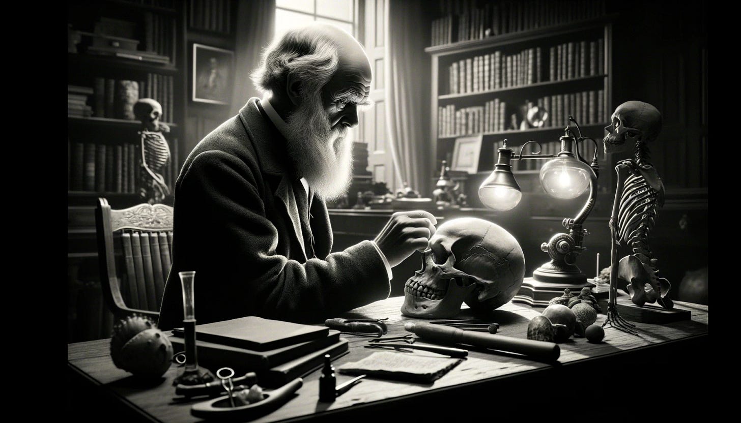 A black and white image of Charles Darwin inspecting a skull in a realistic setting. The scene is set in the 19th century with period-appropriate clothing and decor. Darwin, recognizable with his characteristic beard and hat, is carefully examining a skull on a table cluttered with scientific instruments, books, and papers. The background shows a study room filled with bookshelves and more scientific artifacts. The mood is serious and focused, with lighting emphasizing the details of Darwin's thoughtful expression and the intricacies of the skull.