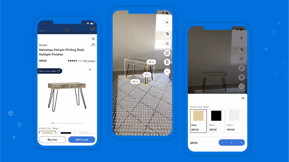 Three different phone screens. The first screen, on the far left, shows the Walmart.com online shopping platform and a writing desk. Above the desk, the heading reads “Mainstays Hairpin Writing Desk.”
The second screen shows the same desk set within a room, bounded by dimensions.
The third screen shows the same desk, with the beige color selected and added to an online shopping cart. Three different phone screens. The first screen, on the far left, shows the Walmart.com online shopping platform and a writing desk. Above the desk, the heading reads “Mainstays Hairpin Writing Desk.”
The second screen shows the same desk set within a room, bounded by dimensions.
The third screen shows the same desk, with the beige color selected and added to an online shopping cart.