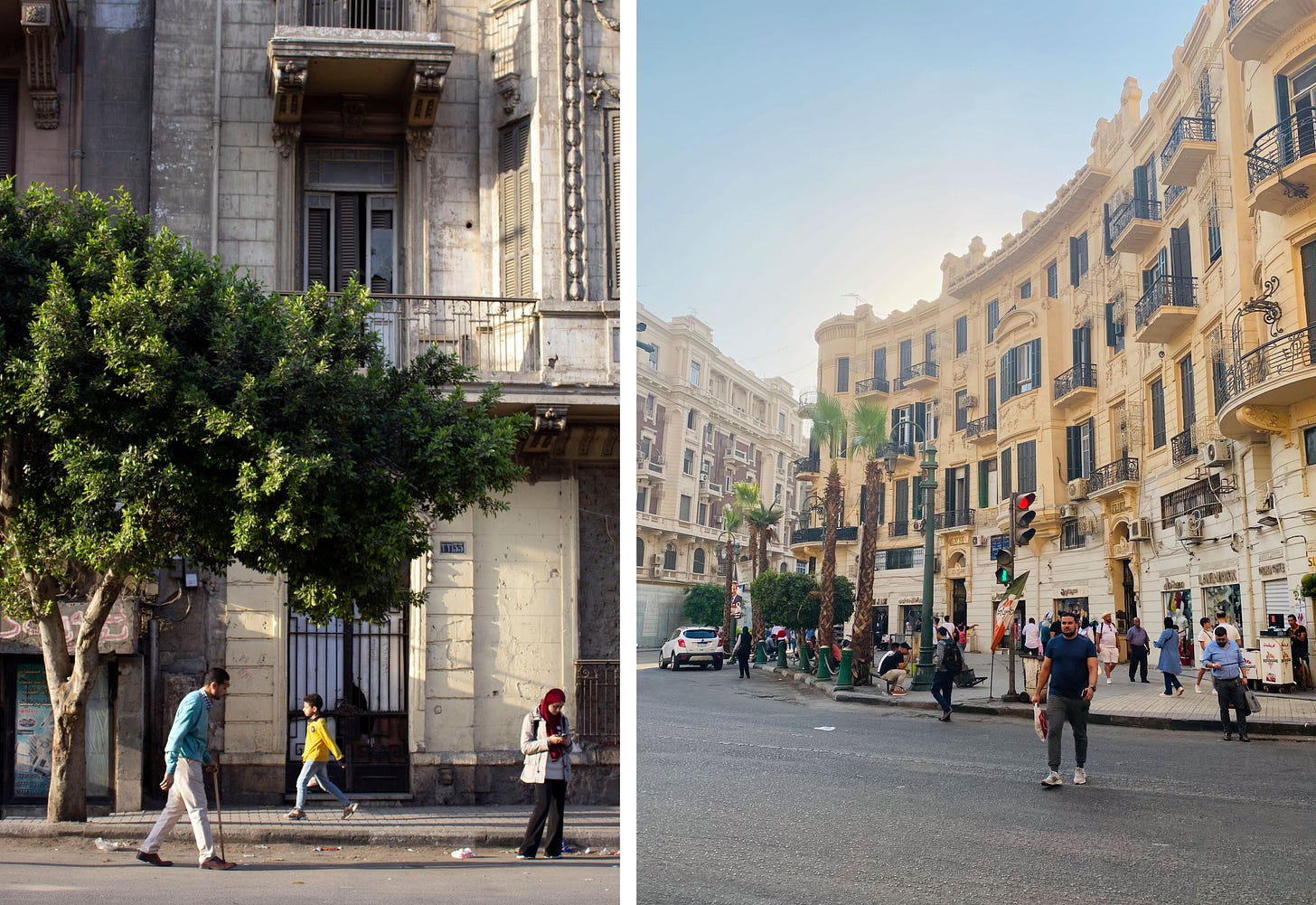 Left, a man with a cane, a boy in a yellow sweater, and a woman in a red headscarf pass a weathered European-style façade in downtown Cairo. Right, people cross the street in front of ornate cream-colored belle époque buildings with wrought-iron balconies near Talaat Harb Street.
