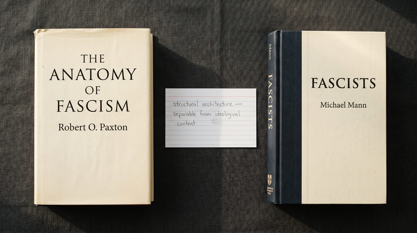 Two hardcover academic books on fascism — Robert Paxton's "The Anatomy of Fascism" and Michael Mann's "Fascists" — on a grey table, with a handwritten index card between them reading "structural architecture — separable from ideological content."