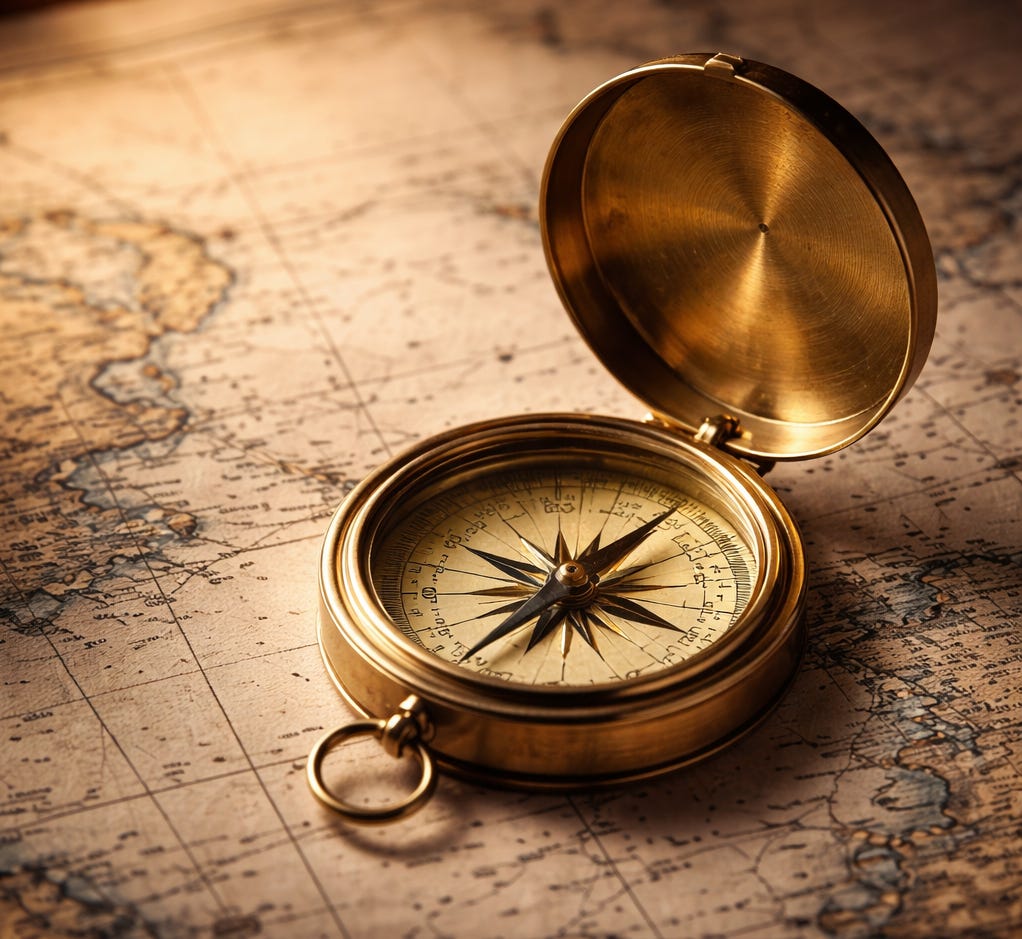 A brass compass resting open on a nautical chart, warm light illuminating navigational markings and coastline details, evoking strategic clarity and deliberate direction
