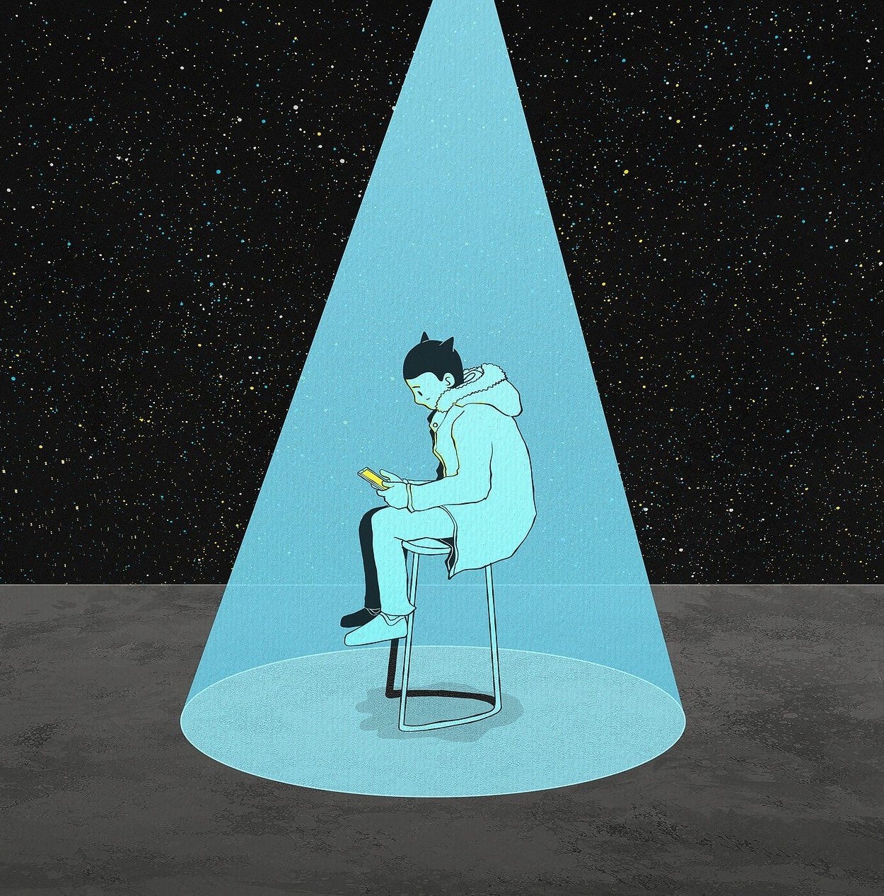 An illustration that depicts a lone figure sitting on a tall stool, under a spotlight against a vast, starry background. The person appears to be a young woman or girl, sitting hunched over, looking at the smartphone she holds in both hands. She is dressed in a large coat with a hood. The ground beneath her is flat and empty. 