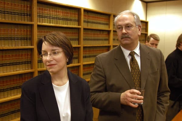 Ms. Klobuchar and a prosecutor from her office, Alan Harris, in 2003. She ran for the office in 1998 on a platform that included pushing for “More Trials, More Convictions.”