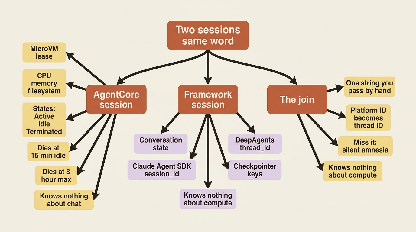 A mindmap of two unrelated meanings of session: AgentCore's microVM lease with Active, Idle, and Terminated states, versus the framework conversation keyed by session_id or thread_id, joined only by a string you pass by hand. A mindmap of two unrelated meanings of session: AgentCore's microVM lease with Active, Idle, and Terminated states, versus the framework conversation keyed by session_id or thread_id, joined only by a string you pass by hand.