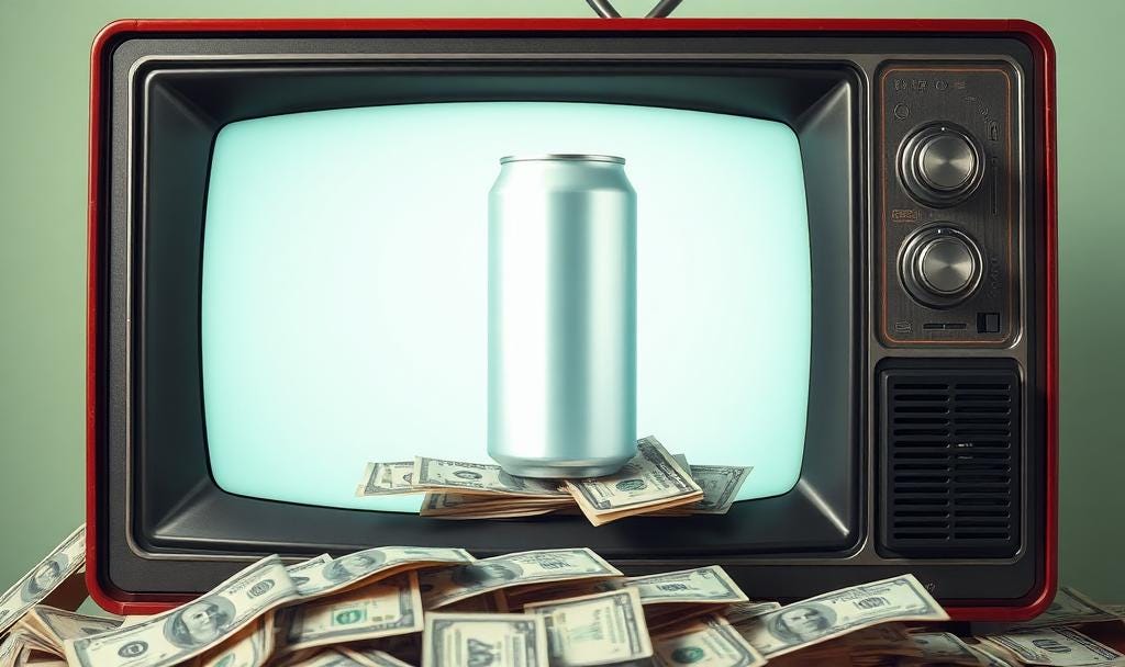An old-school television set displays an unlabeled soda can sitting on a pile of cash, symbolizing a venture capital investment strategy that finds value in product placement and cultural cachet.