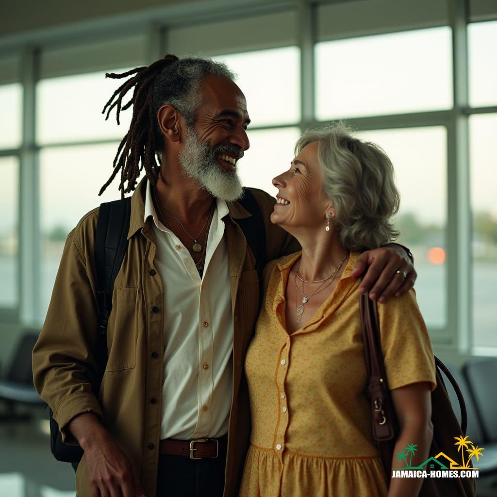 Couple arriving in Jamaica, capturing the joy and emotion of coming home.