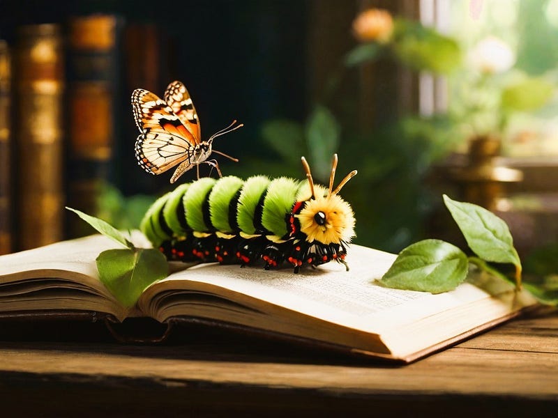 A catterpillar on top of a book with a butterfly on her back!