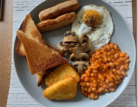 Sourdough with goat's cheese, fig, truffle honey and hazelnuts; full English; shakshuka