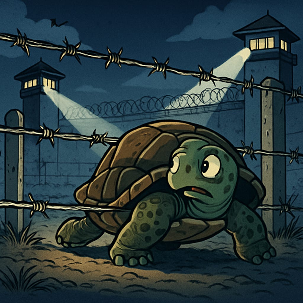 A cartoon of a turtle behind a barbed wire fence

AI-generated content may be incorrect.