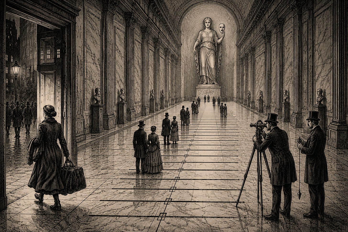Wood-engraving editorial illustration in the Thomas Nast Harper's Weekly style for Attention Capital's essay The Graduation Problem, visualizing the spectrum of attention attachment. In a long marble gallery ruled like a giant measuring scale, crowds stand at different points between a colossal institutional statue holding a mask and an open door where a human figure departs, while surveyors take sightings. The image argues that attention attaches along a spectrum from fully institutional, like Mickey Mouse, to fully portable, like a solo podcaster, with VTubers in the middle, and that graduation events are the instrument that measures where. Keywords: attention quality, audience durability, talent transition risk, underwriting attention, creator credit, VTuber market.