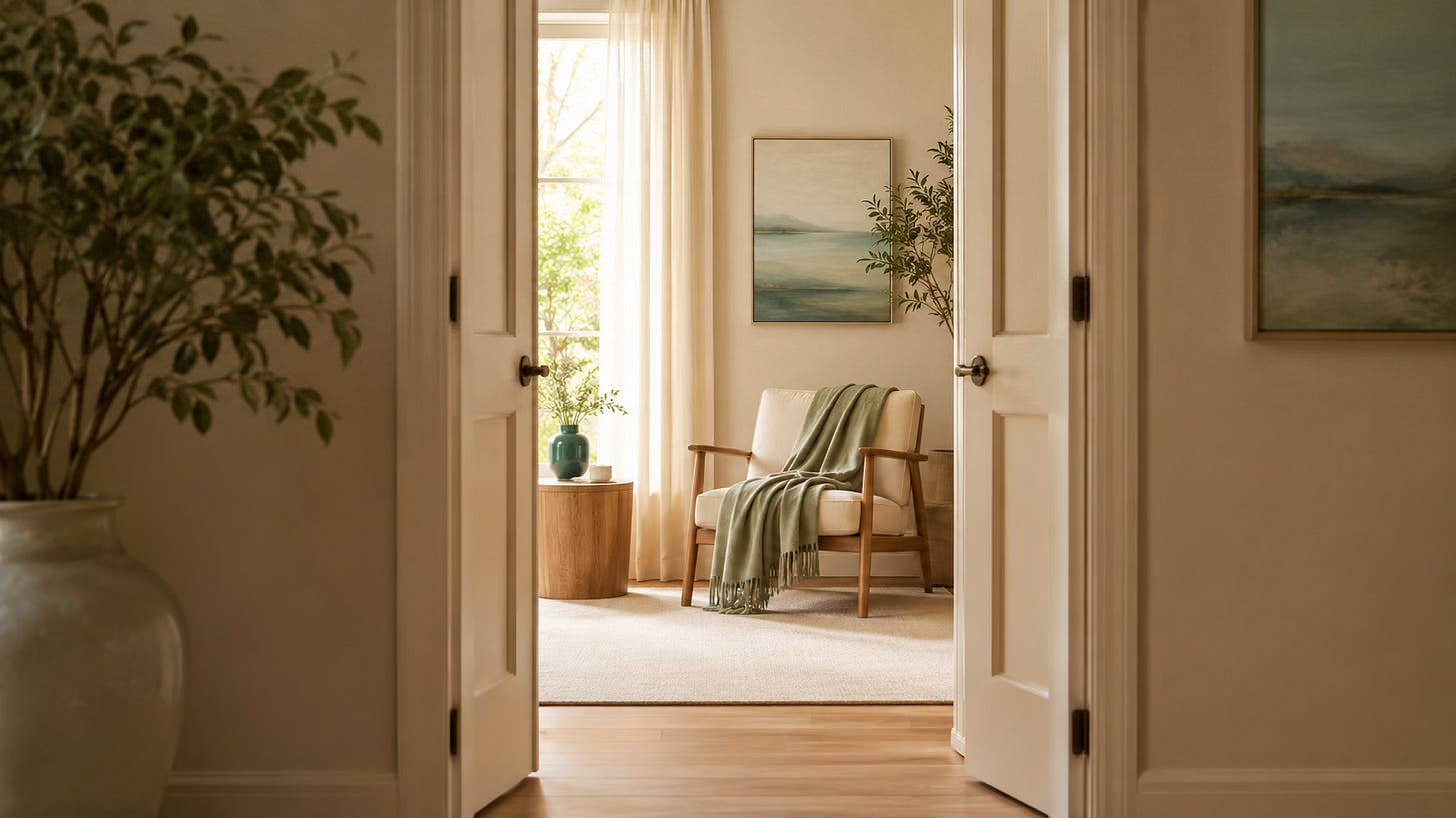 A softly lit doorway opening into a calm room, representing a supportive next step toward steadiness.