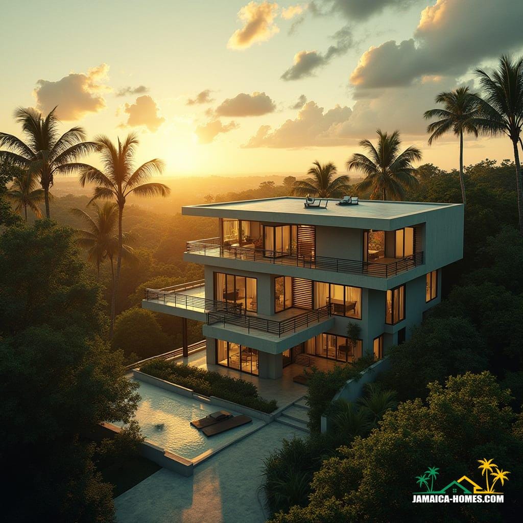 Majestic modern home in Kingston, Jamaica, set against the vibrant Caribbean cityscape, warm golden light casting long shadows, as if shot on 35mm film with a V-Raptor XL camera, evoking a cinematic film still with a nostalgic film grain, subtle vignette, and meticulous color grading, post-processed to perfection, boasting dramatic, atmospheric lighting, in the style of Emmanuel Lubezki's sweeping cinematography, with hints of Denis Villeneuve's moody, epic visuals, and the stunning, high-contrast aesthetic of Roger Deakins, a true masterpiece of cinematic art.