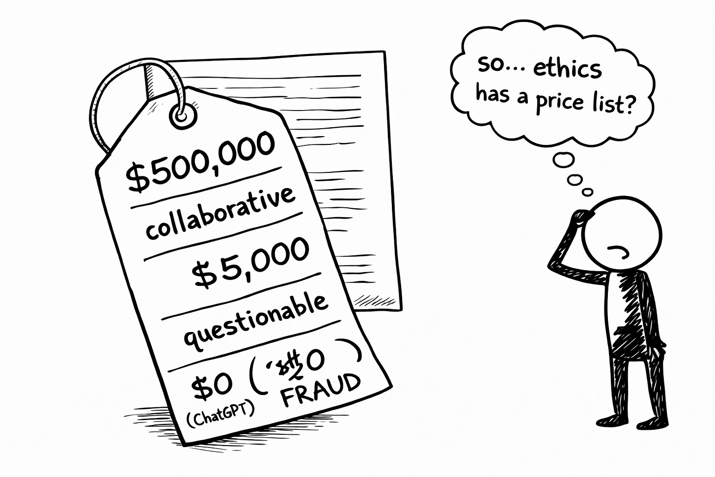 Hand-drawn black and white illustration of a giant price tag listing three tiers of writing help. At $500,000 it reads "collaborative." At $5,000 it reads "questionable." At $0 for ChatGPT it reads "FRAUD." A confused stick figure scratches their head with a thought bubble reading "so... ethics has a price list?" Hand-drawn black and white illustration of a giant price tag listing three tiers of writing help. At $500,000 it reads "collaborative." At $5,000 it reads "questionable." At $0 for ChatGPT it reads "FRAUD." A confused stick figure scratches their head with a thought bubble reading "so... ethics has a price list?"