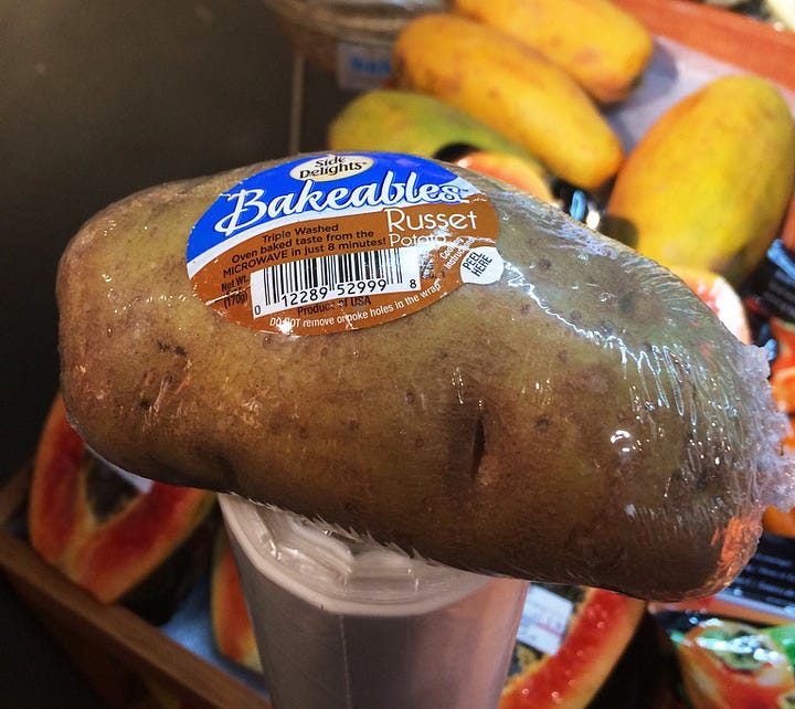 Steve Butcher photos of invidually wrapped eggplant and potato