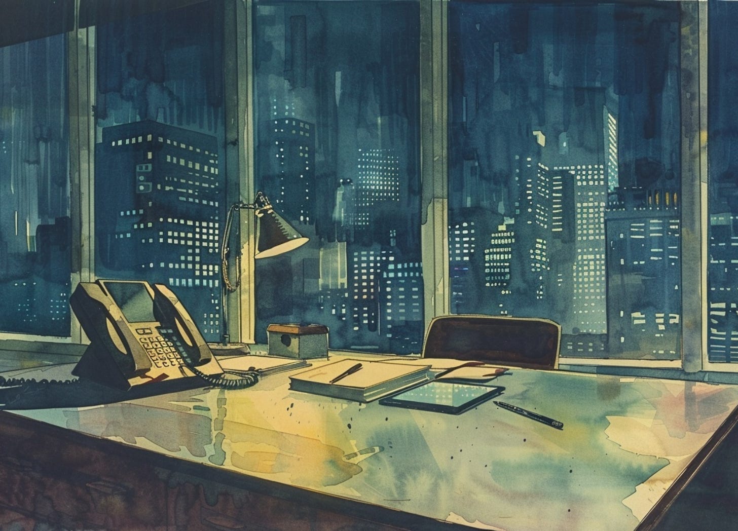 vintage watercolor illustration of an executive office desk with a phone returned to its cradle and a closed laptop, suggesting a completed but consequential call