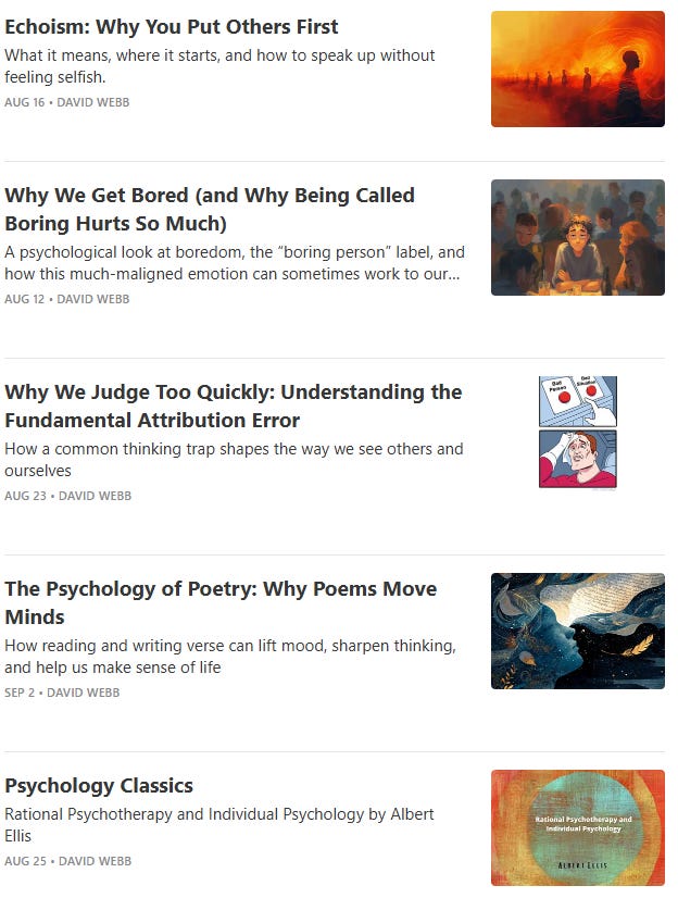 Screenshot of recent articles on the All About Psychology Substack, including topics such as echoism, boredom, the fundamental attribution error, the psychology of poetry, and classic psychology writings.