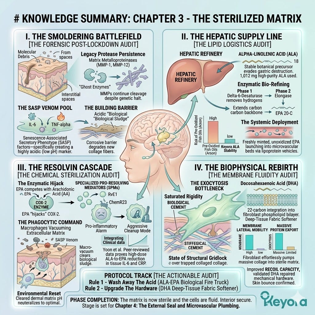 The 22-carbon hyper-flexible DHA spring disrupts saturated stiffness, accelerating the exocytosis of bulky collagen triple-helices into a sterilized, alkaline matrix. The 22-carbon hyper-flexible DHA spring disrupts saturated stiffness, accelerating the exocytosis of bulky collagen triple-helices into a sterilized, alkaline matrix.