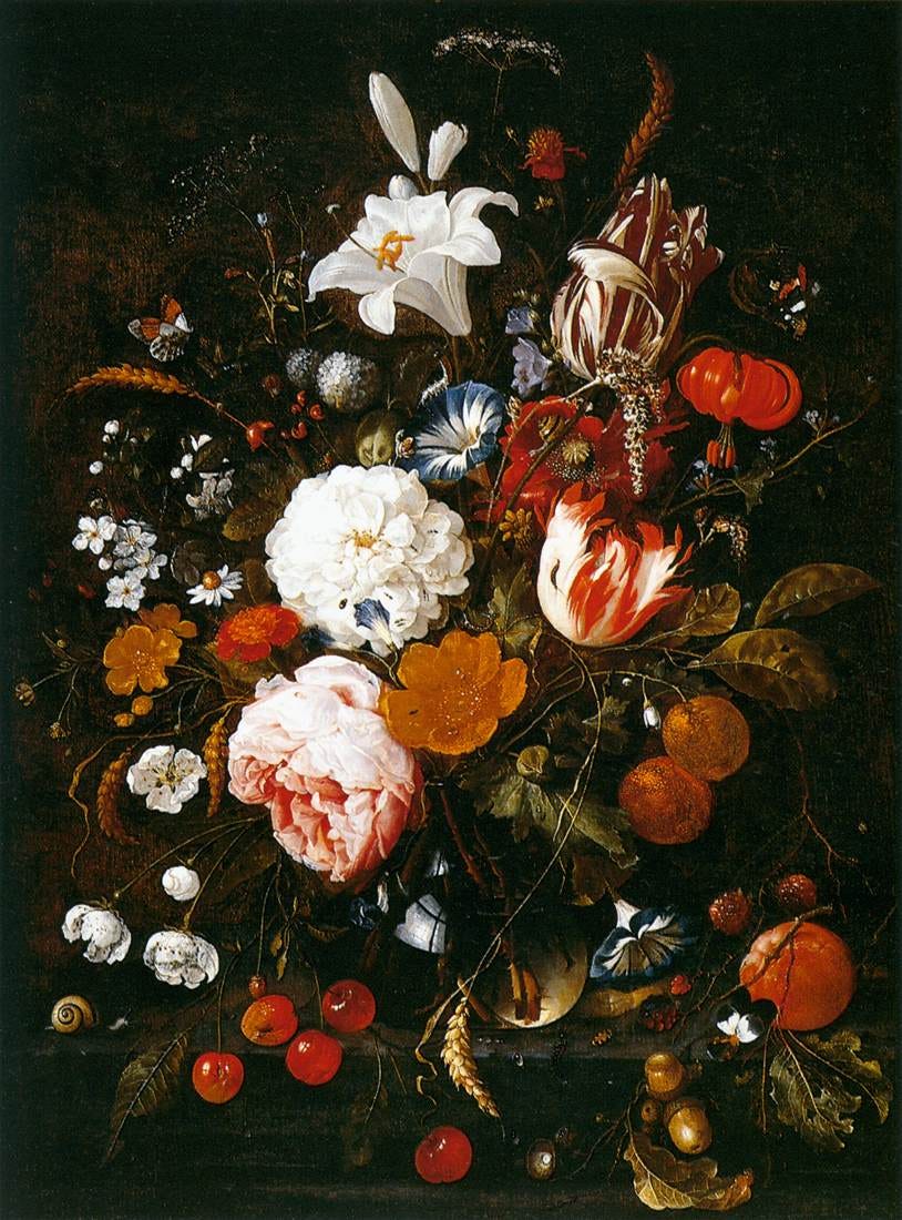 A rich Baroque bouquet with fruit, a butterfly and insects in warm shadow A rich Baroque bouquet with fruit, a butterfly and insects in warm shadow