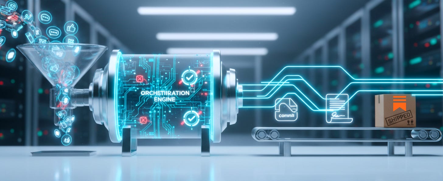 A “tokens-to-actions” pipeline turns incoming information into validated outputs like code changes, contracts, and shipped products.