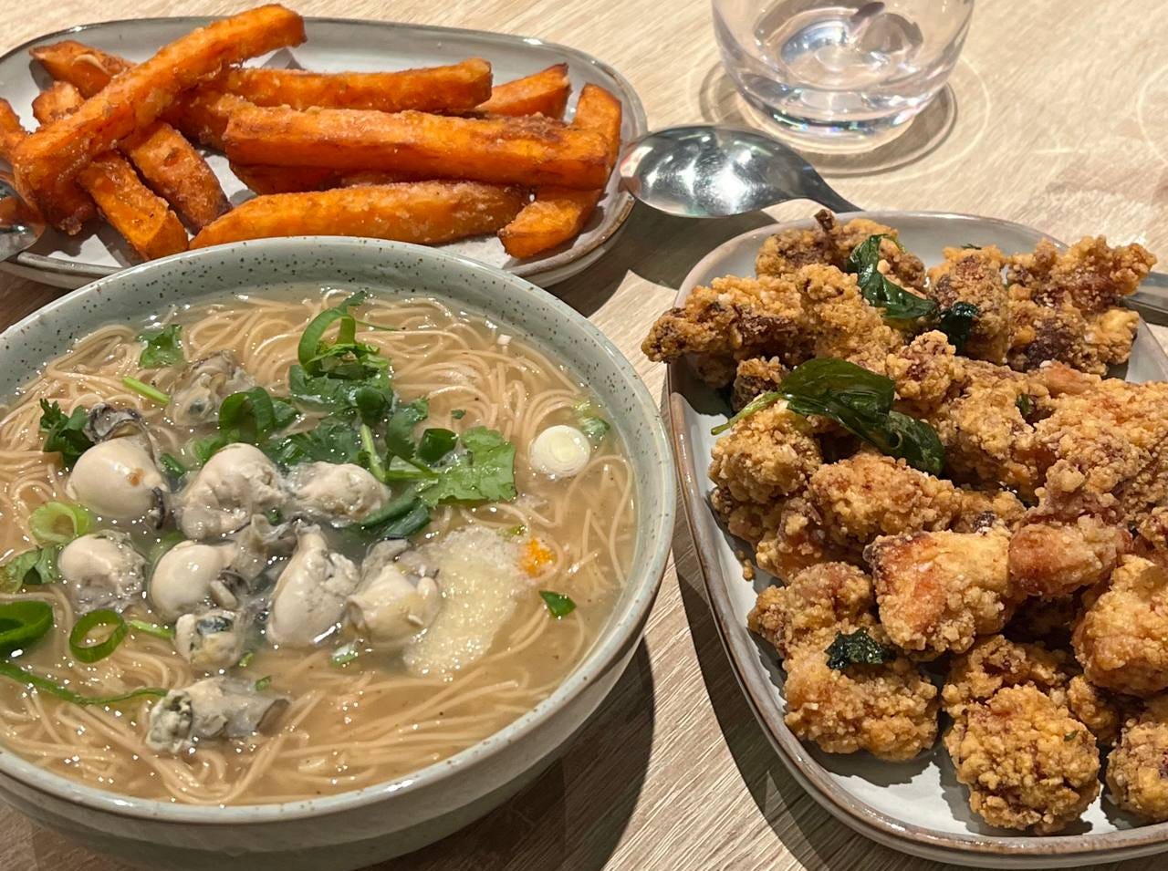 Sweet Potato Fries, Oyster Noodles, Taiwanese Popcorn Chicken Sweet Potato Fries, Oyster Noodles, Taiwanese Popcorn Chicken