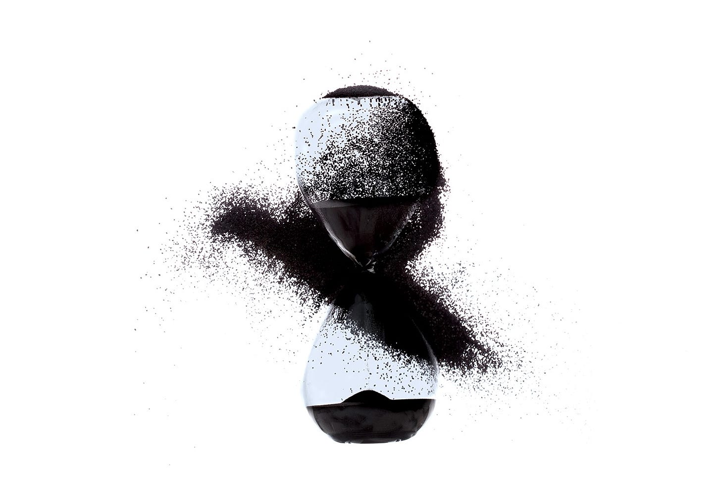 Black sand hourglass dispersing in motion, symbolizing time and energy lost through hidden bottlenecks. Black sand hourglass dispersing in motion, symbolizing time and energy lost through hidden bottlenecks.