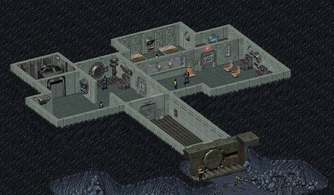 Imagens dos jogos da franquia Fallout demonstrando como são as entradas das vaults iniciais do jogo. Também há uma foto de uma mulher usando um macacão da vault 11, com um 11 bem grande em amarelo escrito sobre o macacão azul.