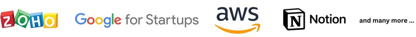 Logos of ZOHO, Google for Startups, AWS and Notion